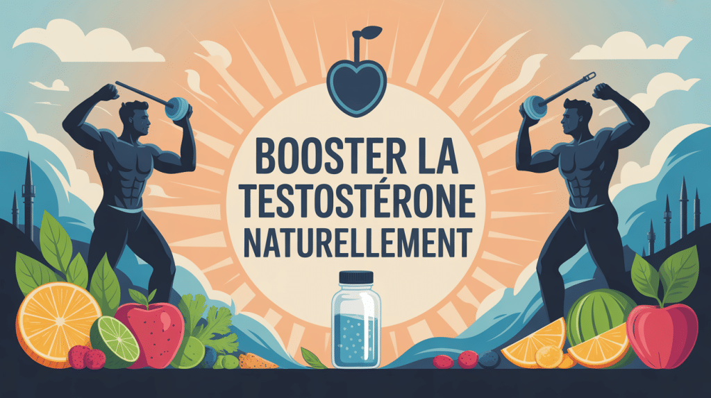 illustration booster testosterone naturel silhouettes aliments haltères