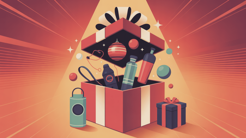 cadeaux pour les sportifs, accessoires, gadgets, équipements autour d'une boîte cadeau