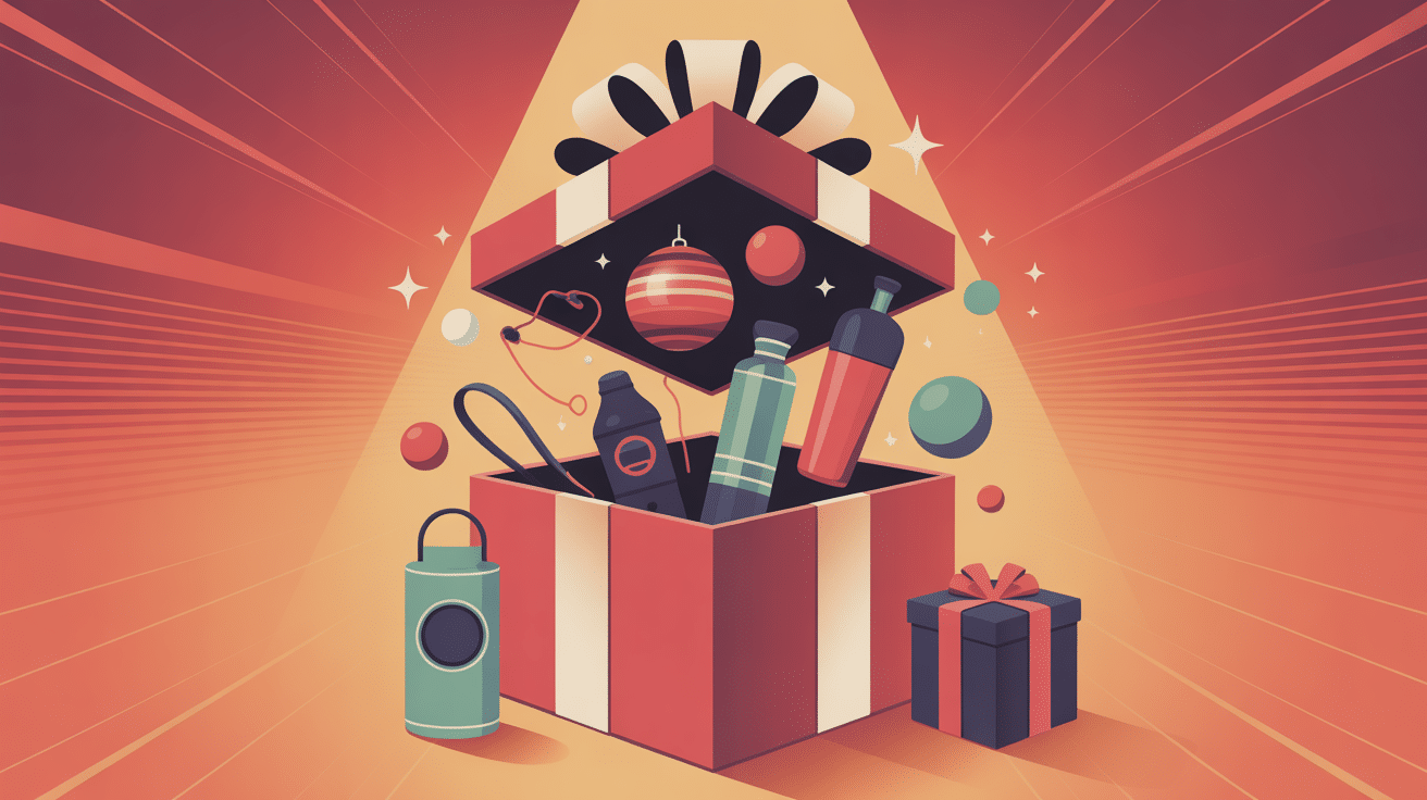 cadeaux pour les sportifs, accessoires, gadgets, équipements autour d'une boîte cadeau