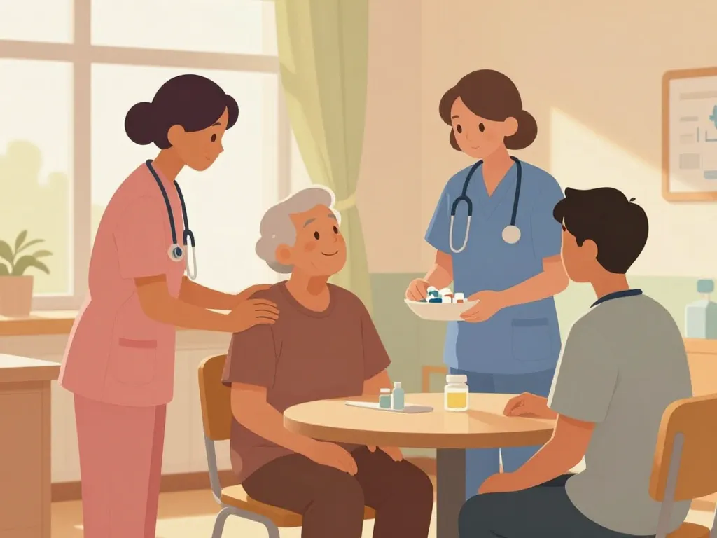 Dépression maison de repos équipe soignante et résident illustration