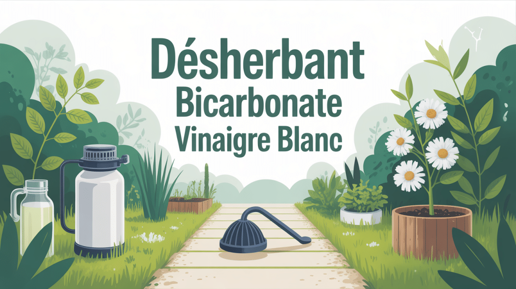 Illustration dosage mélange bicarbonate de soude et vinaigre blanc pour désherber jardin