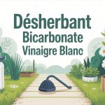 Illustration dosage mélange bicarbonate de soude et vinaigre blanc pour désherber jardin