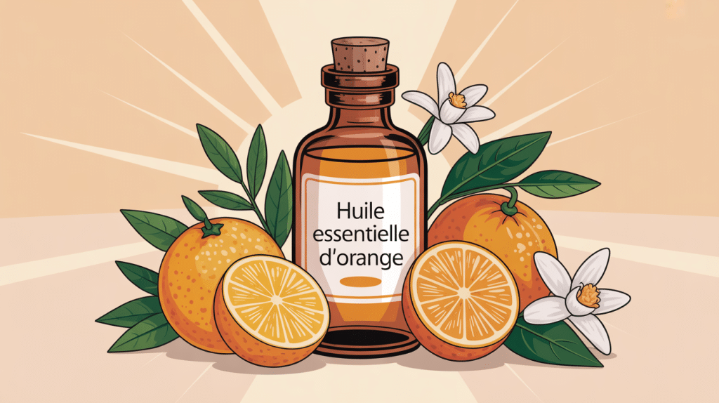 huile essentielle d orange illustration flacon et zestes