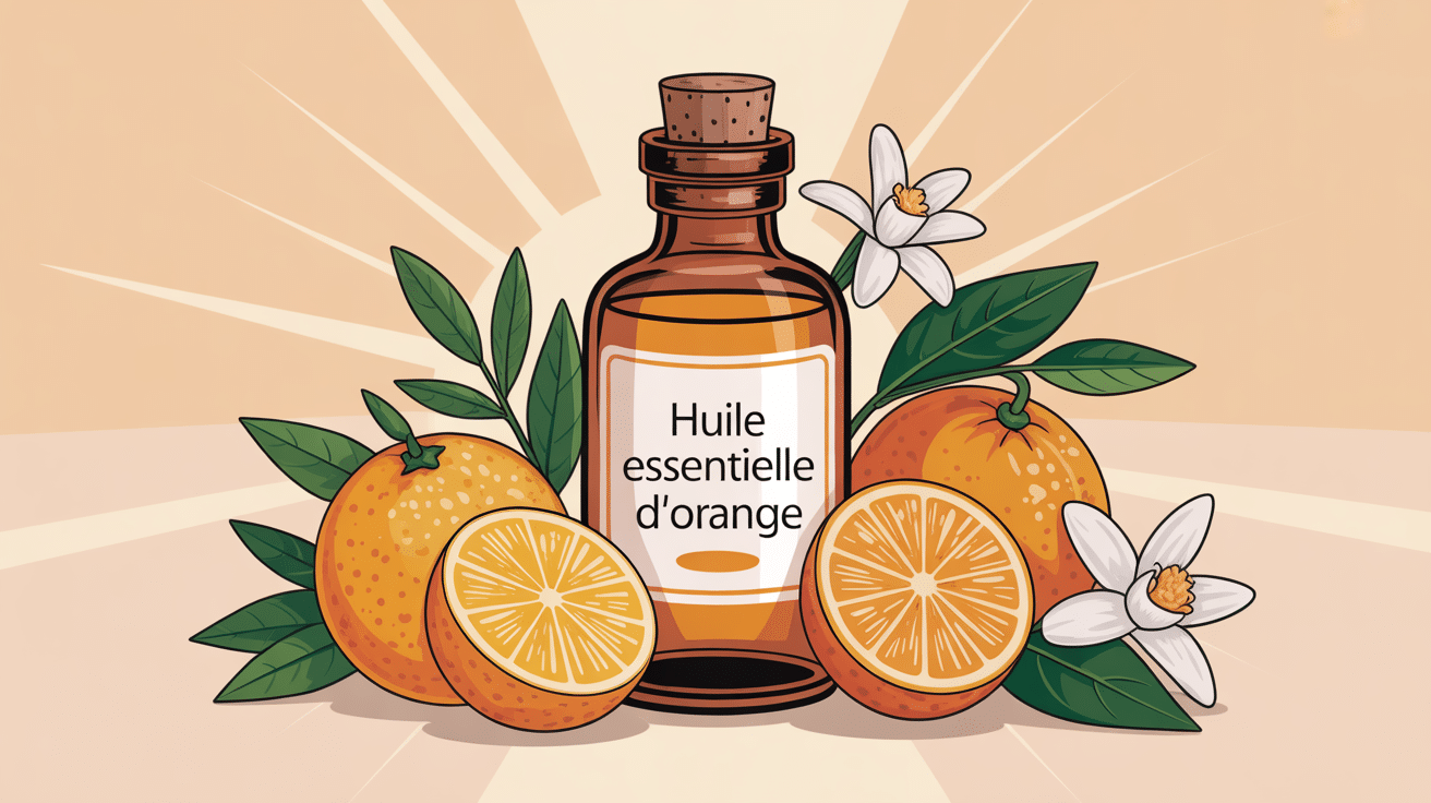 huile essentielle d orange illustration flacon et zestes