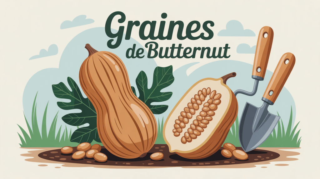Visuel récupérer les graines de butternut pour planter avec courge et outils jardinage