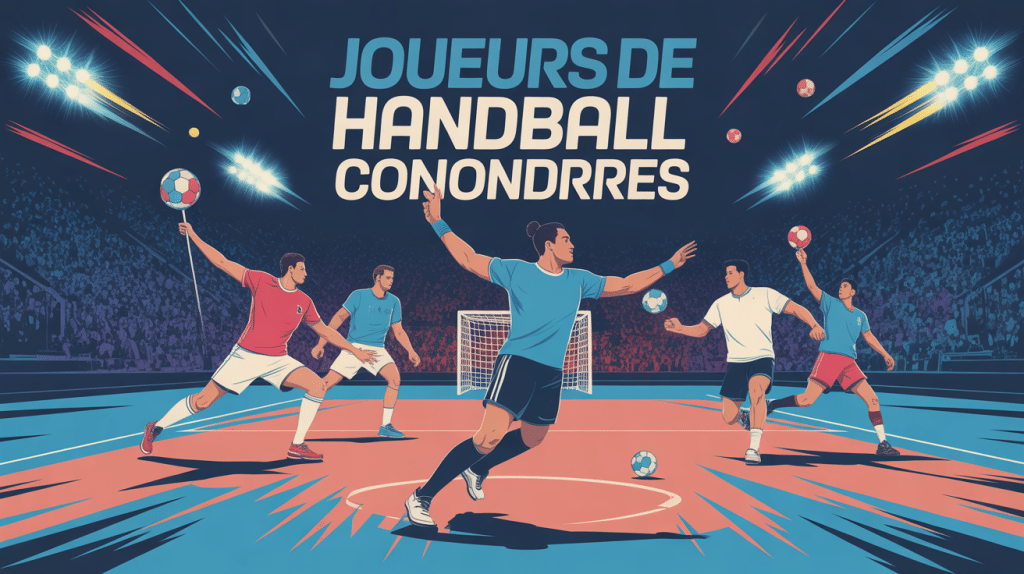 joueur de handball connu en action sur terrain stylisé