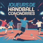 joueur de handball connu en action sur terrain stylisé