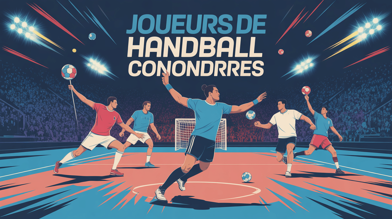 joueur de handball connu en action sur terrain stylisé