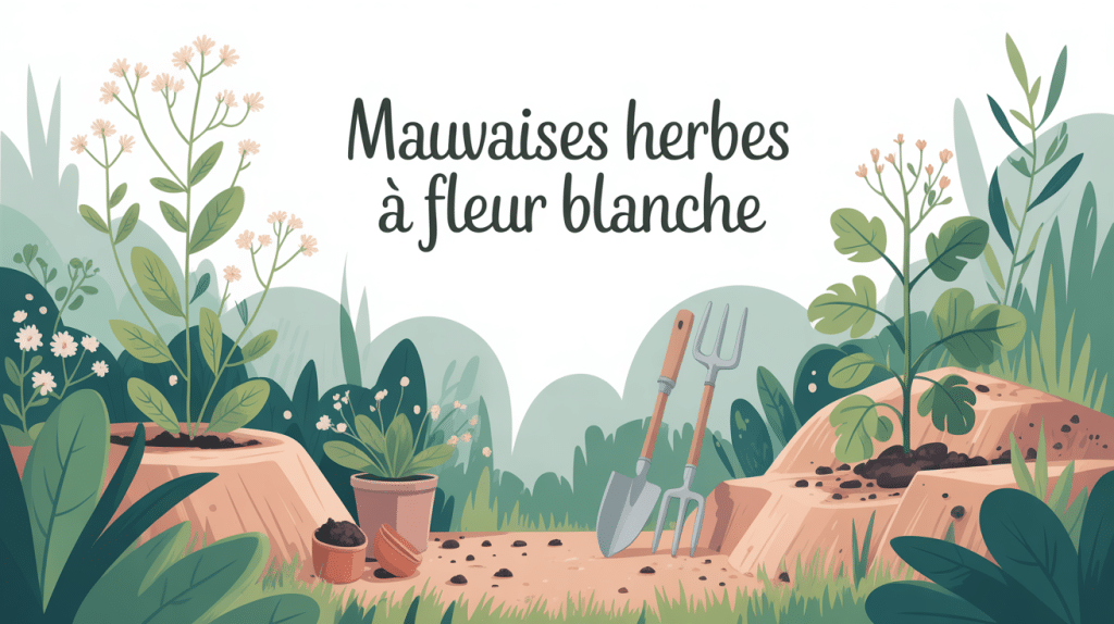 illustration jardin avec mauvaises herbes à fleur blanche
