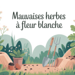 illustration jardin avec mauvaises herbes à fleur blanche