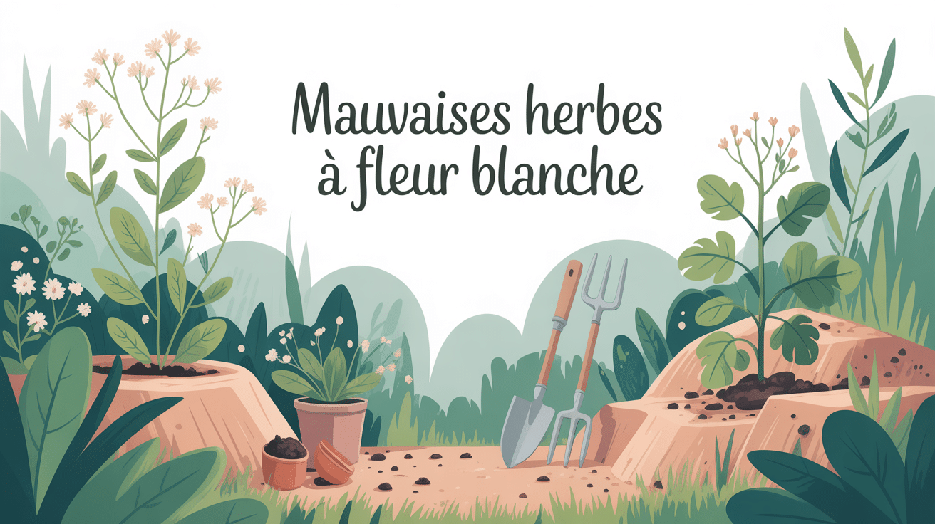 illustration jardin avec mauvaises herbes à fleur blanche