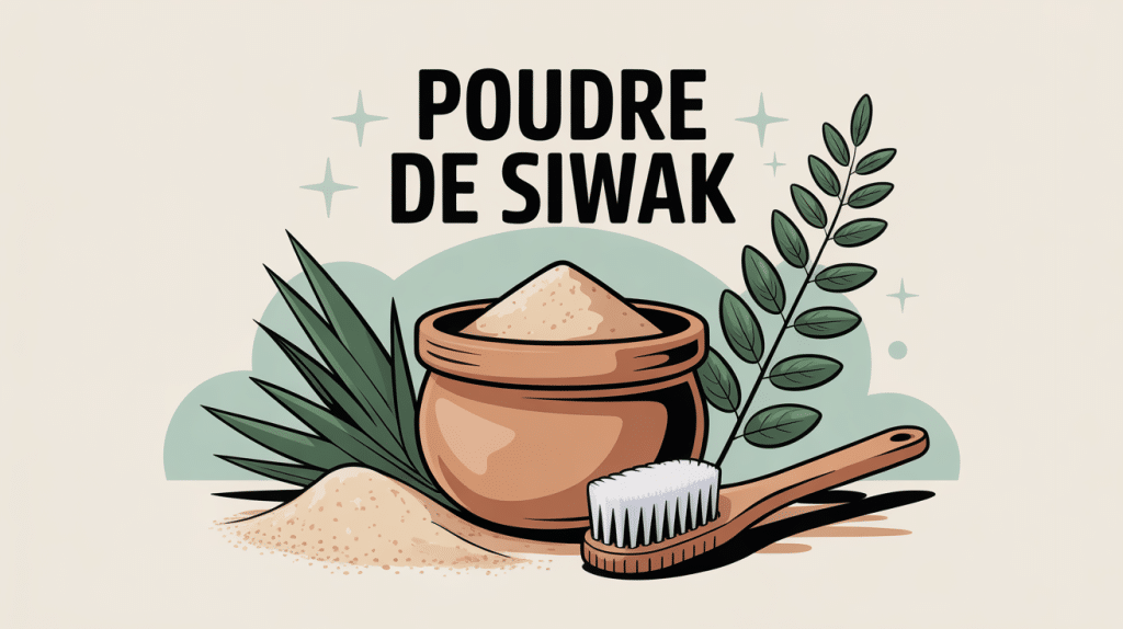 illustration poudre de siwak, brosse à dents, plante salvadora persica