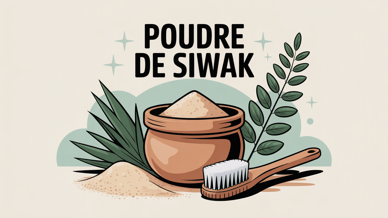 illustration poudre de siwak, brosse à dents, plante salvadora persica