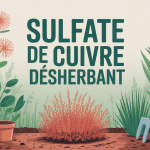 sulfate de cuivre desherbant utilisé au jardin, contraste entre plantes saines et mauvaises herbes