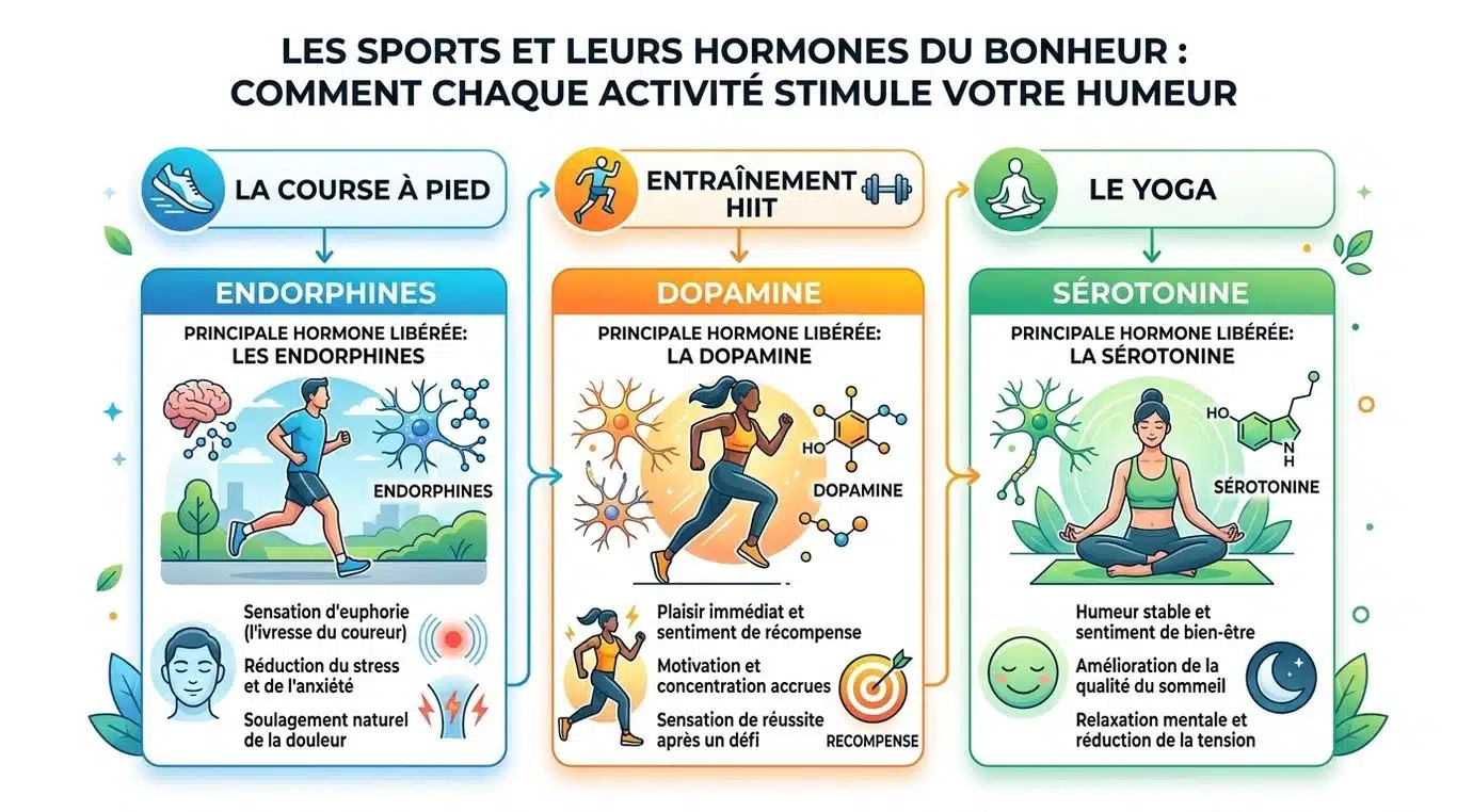 Infographie des hormones du bonheur liées aux activités sportives