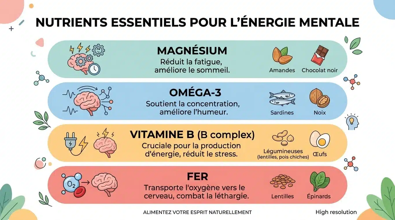 Infographie des nutriments essentiels pour booster l'énergie mentale : magnésium, oméga-3, vitamines B et fer.