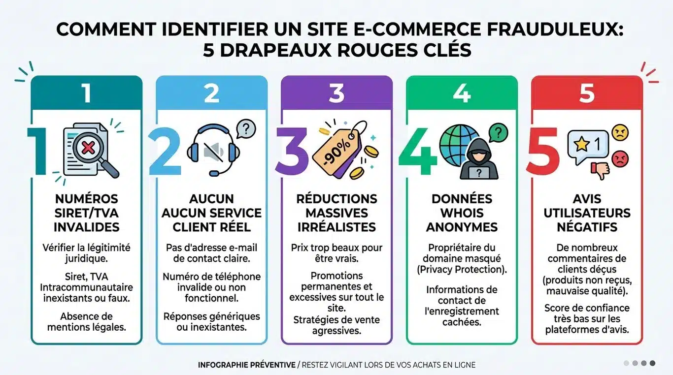 Infographie des 5 signaux d'alerte pour identifier un site e-commerce frauduleux avant achat.