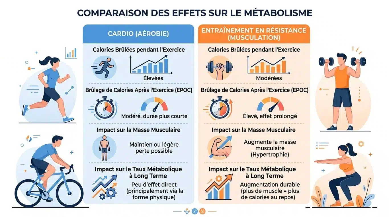 Infographie comparative : Cardio vs Musculation pour le métabolisme