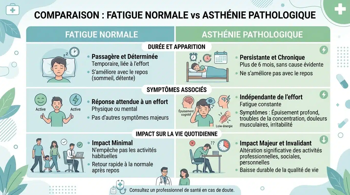 Infographie comparative : Fatigue normale vs Asthénie pathologique