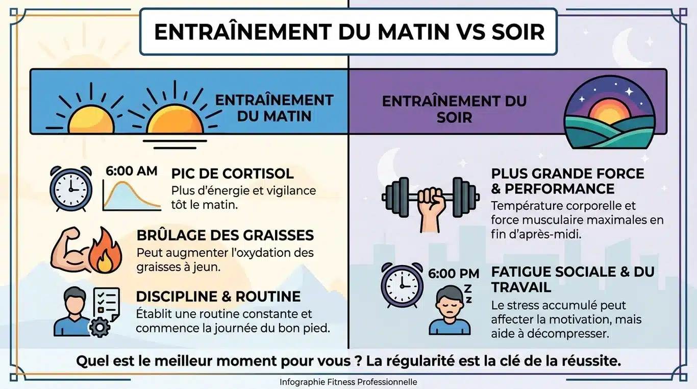 Infographie comparative : Musculation le matin vs le soir