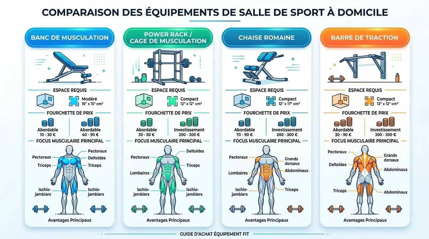 Infographie comparative des équipements de musculation pour home gym