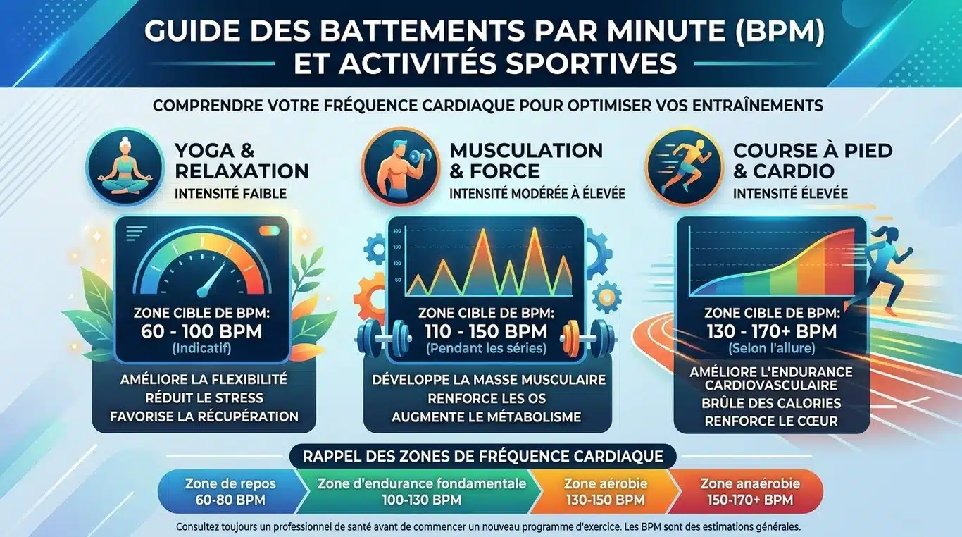 Infographie des plages de BPM recommandées par activité sportive pour optimiser la motivation