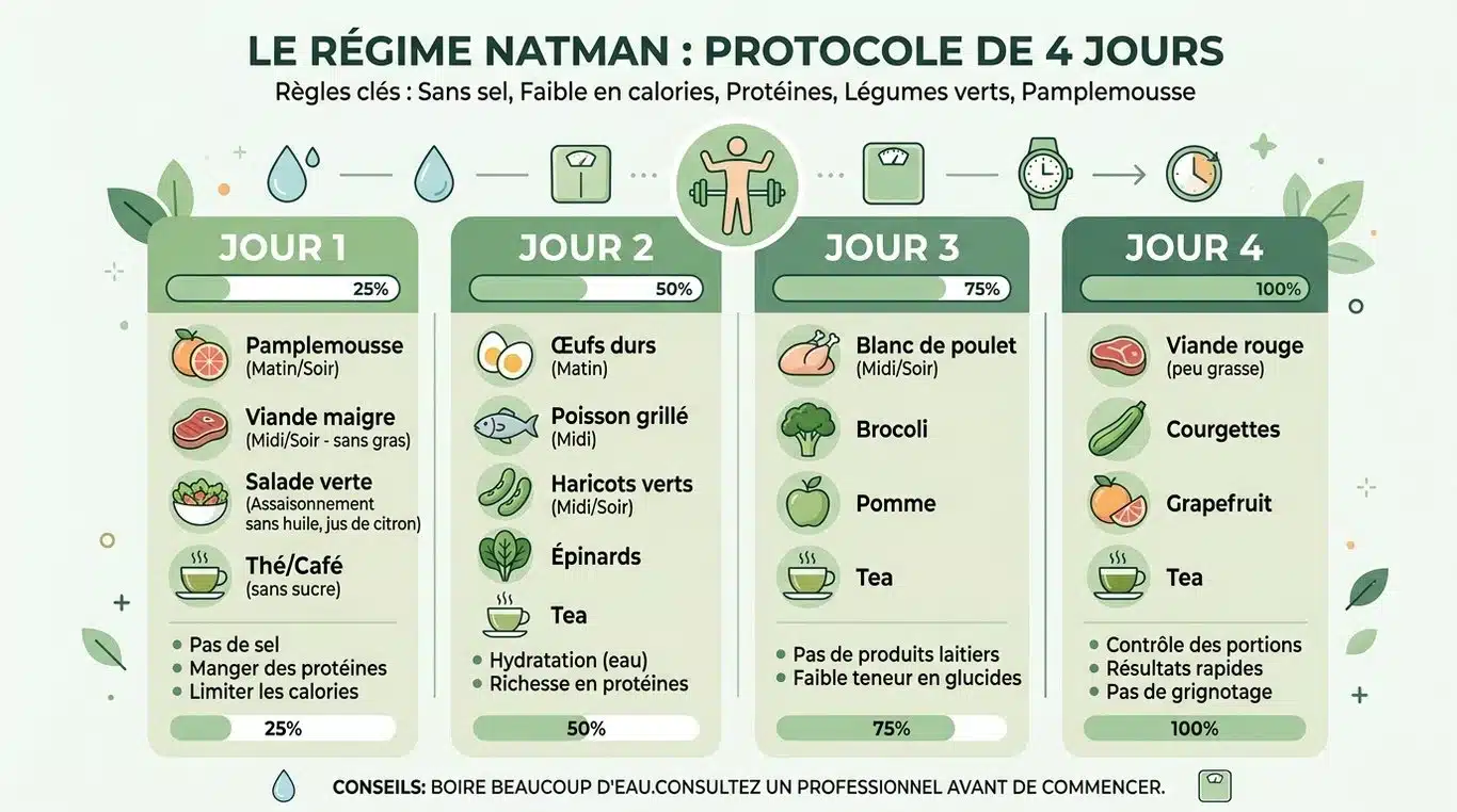 Infographie récapitulative du régime Natman sur 4 jours : règles et principes clés