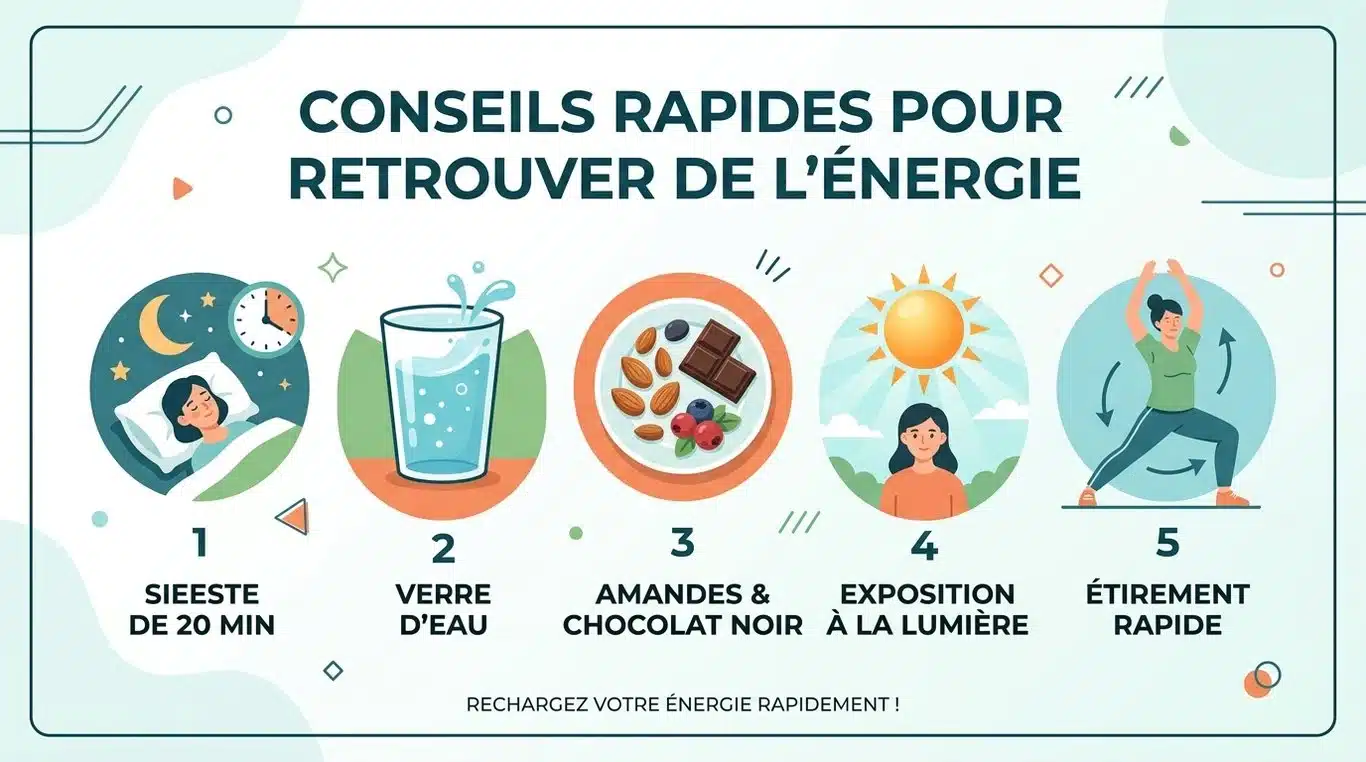 Infographie récapitulative des astuces pour booster son énergie rapidement : sieste, hydratation, alimentation, lumière et mouvement.
