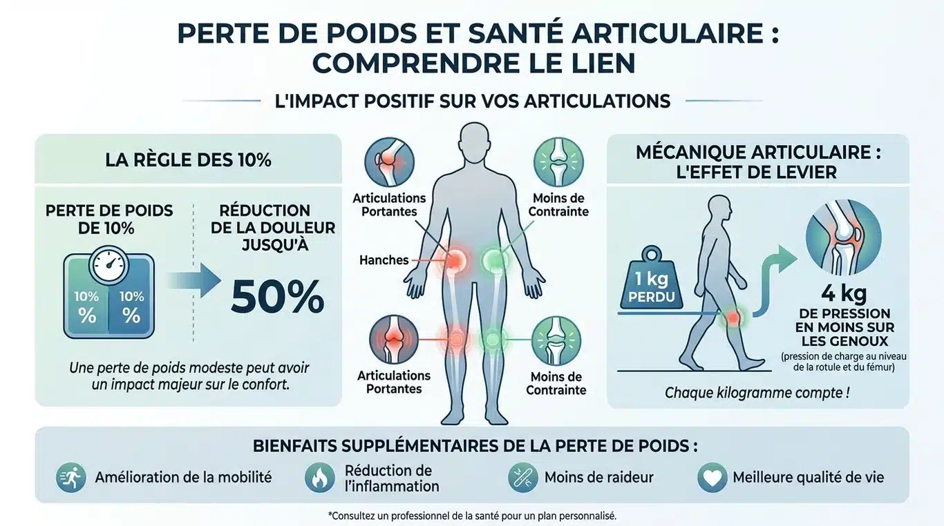 Infographie illustrant le lien entre perte de poids et soulagement des articulations