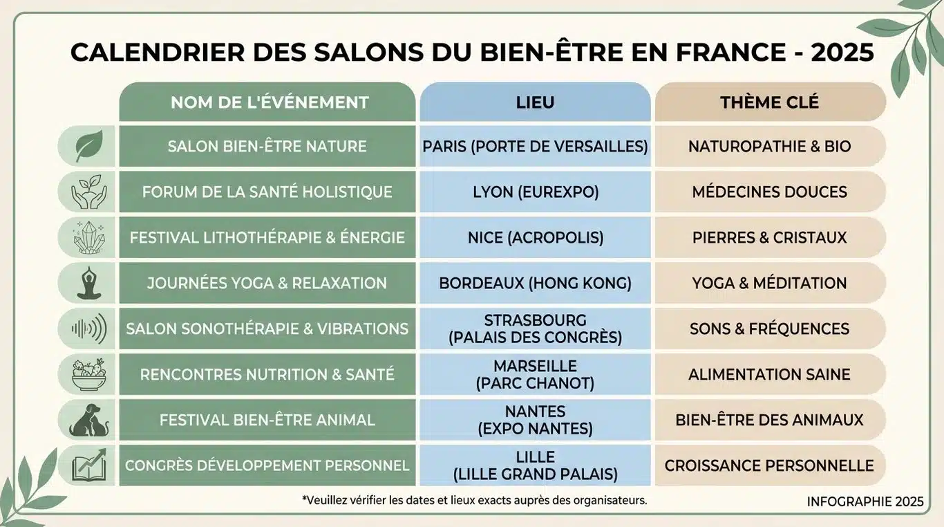 Infographie récapitulative des salons du bien-être 2025 en France