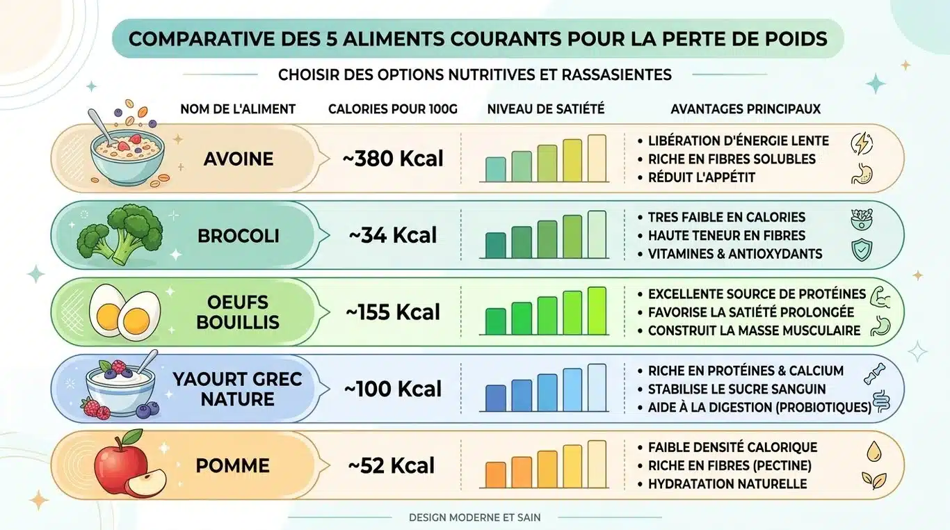 Infographie comparative des aliments pour la perte de poids : calories, satiété et bénéfices nutritionnels