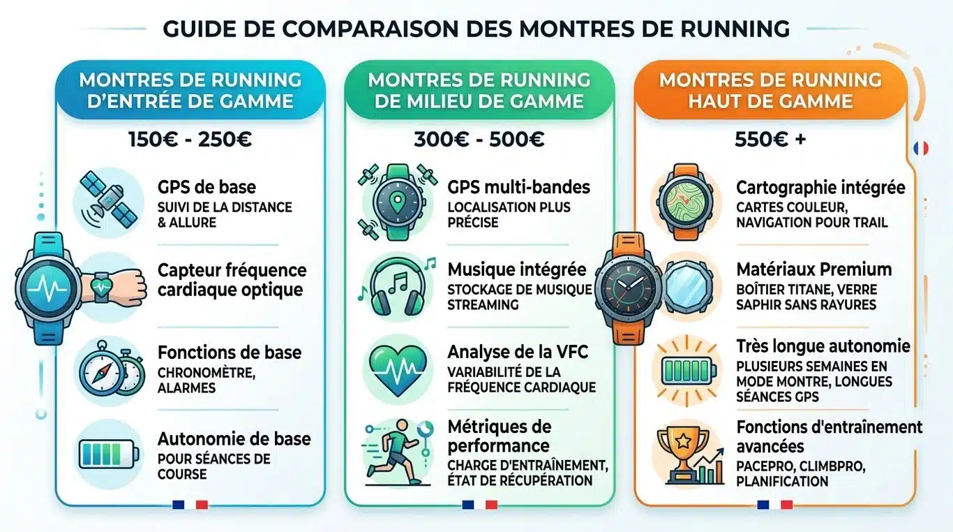 Infographie comparative des gammes de montres de running : entrée, milieu et haut de gamme.