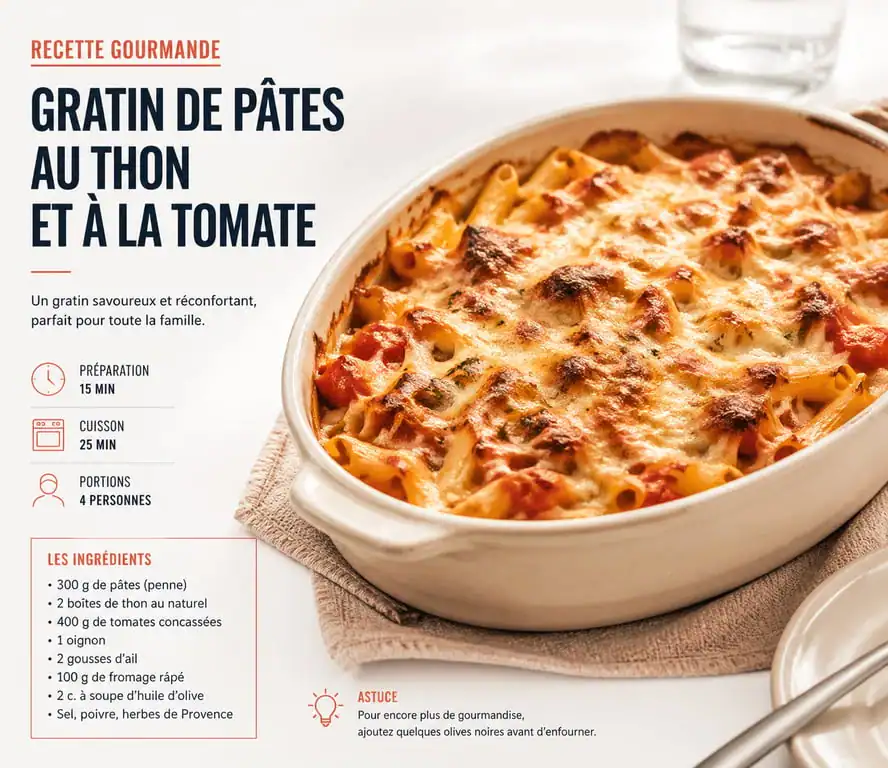 Gratin de pâtes au thon et à la tomate, plat économique et rapide pour une liste de courses alimentaires optimisée