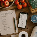 Vue liste courses alimentaires manuscrite avec produits frais