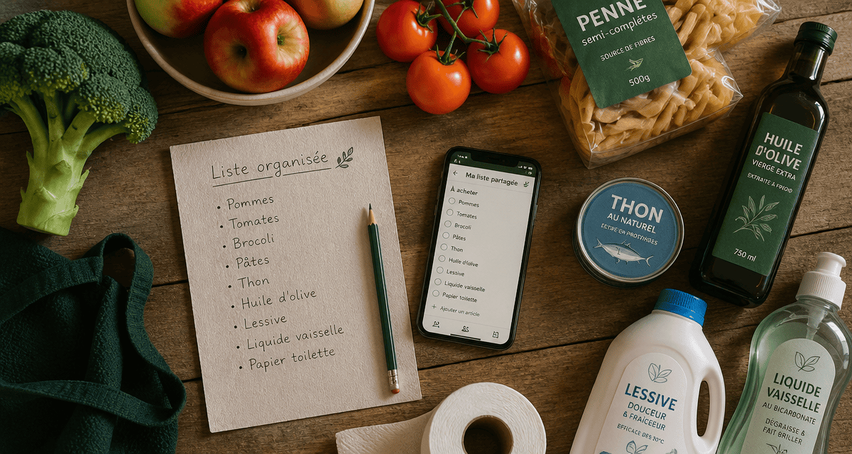 Vue liste courses alimentaires manuscrite avec produits frais
