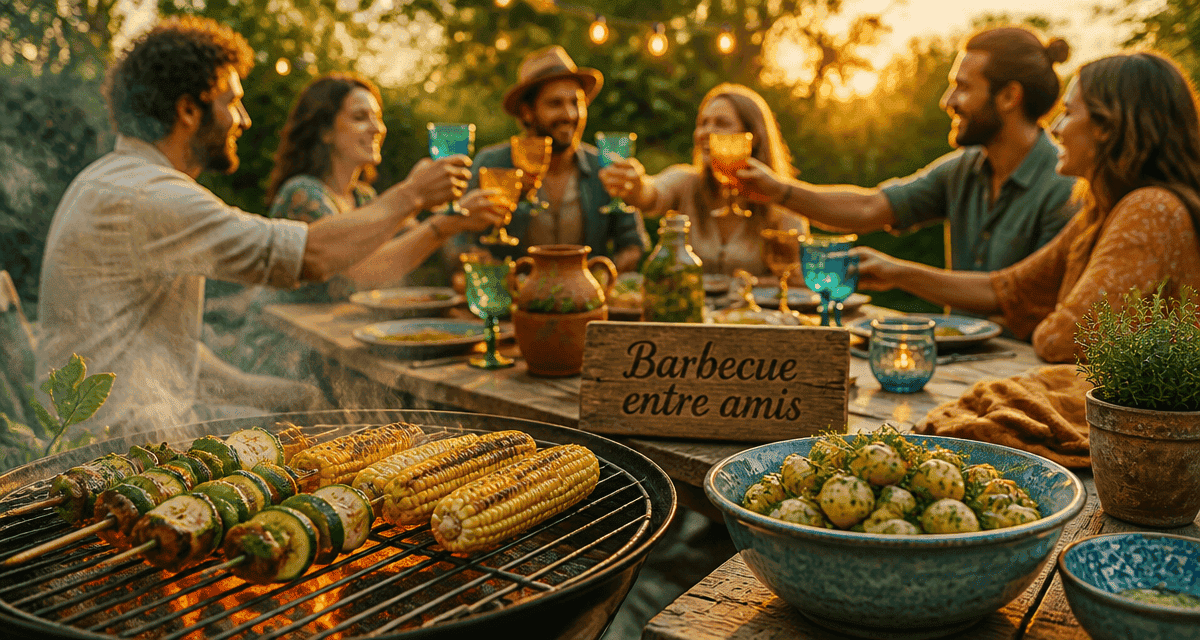 Barbecue entre amis autour d'une table de jardin