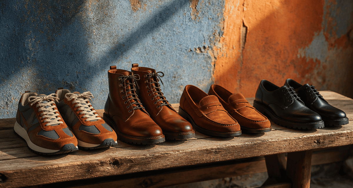 Chaussure homme tendance 2025 alignées sur banc