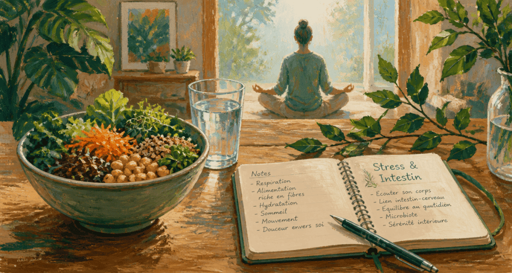 Diverticulite et stress, scène de table avec salade, carnet et méditation