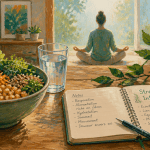 Diverticulite et stress, scène de table avec salade, carnet et méditation