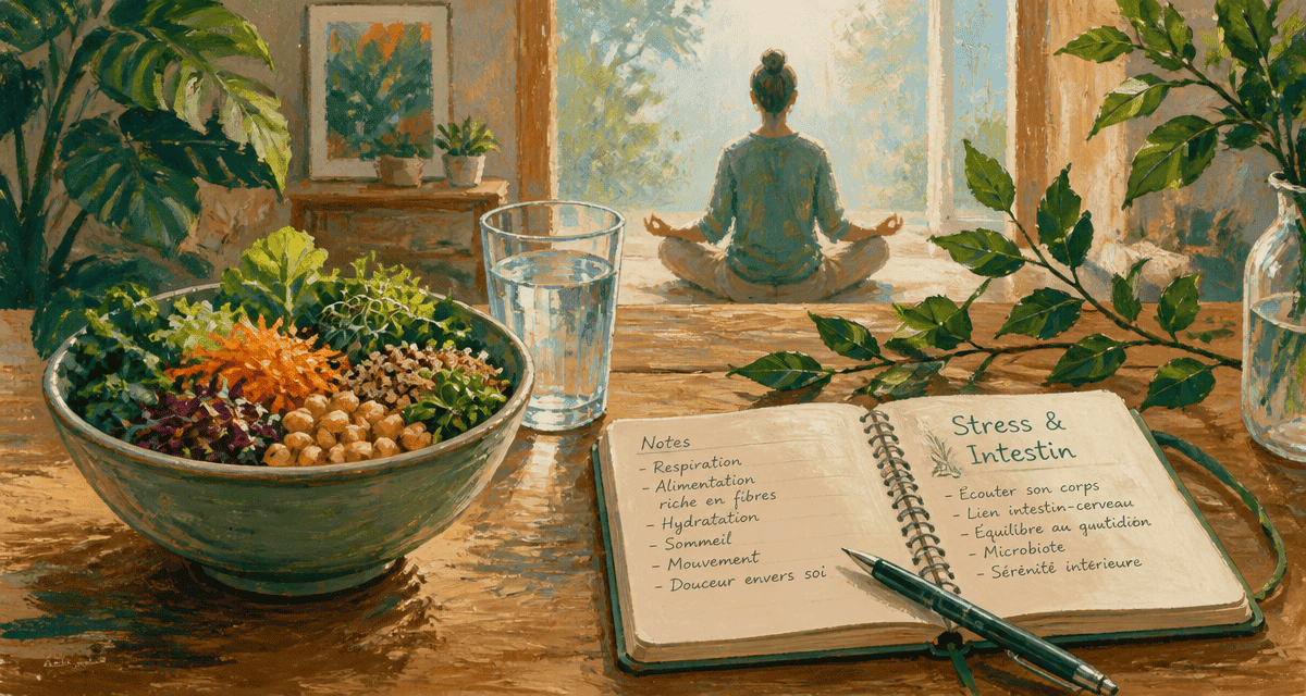 Diverticulite et stress, scène de table avec salade, carnet et méditation
