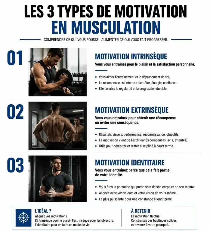 Infographie sur les types de motivation en musculation pour rester régulier