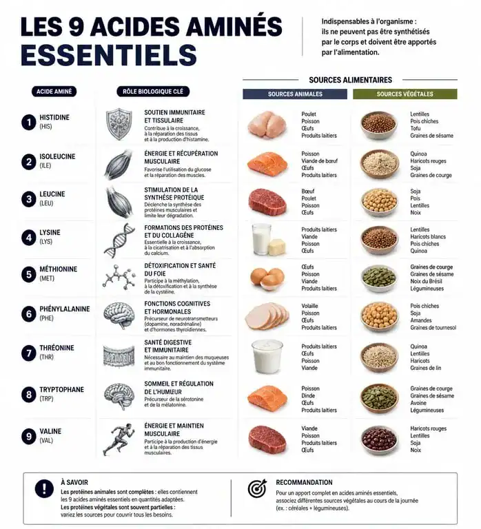 Infographie sur les acides aminés essentiels et leurs sources alimentaires pour une alimentation équilibrée