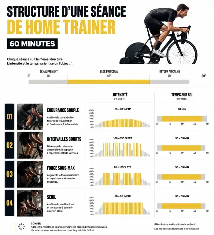 Infographie des types de séances pour 1h de home trainer par jour