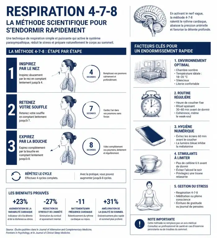 Infographie sur les méthodes pour trouver le sommeil rapidement et techniques de respiration