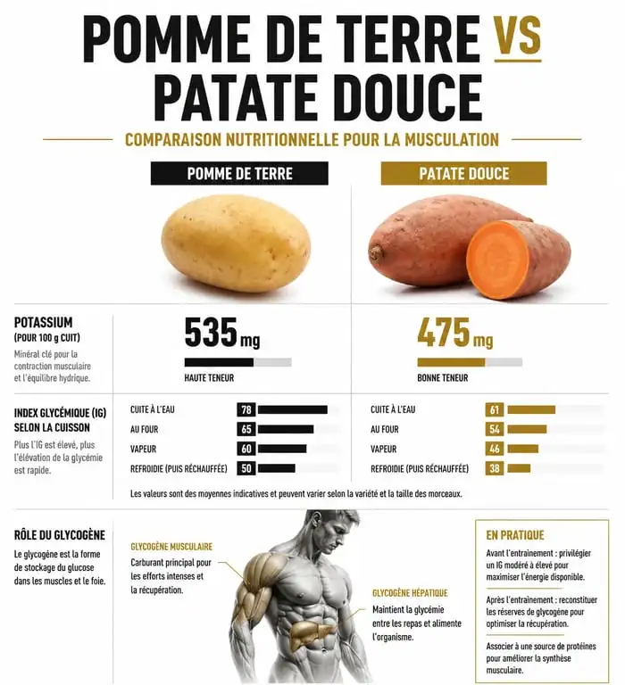 Infographie comparative des bienfaits de la pomme de terre pour la musculation et la prise de masse