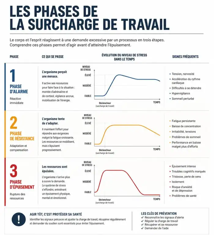 Infographie des phases de la surcharge au travail et épuisement professionnel
