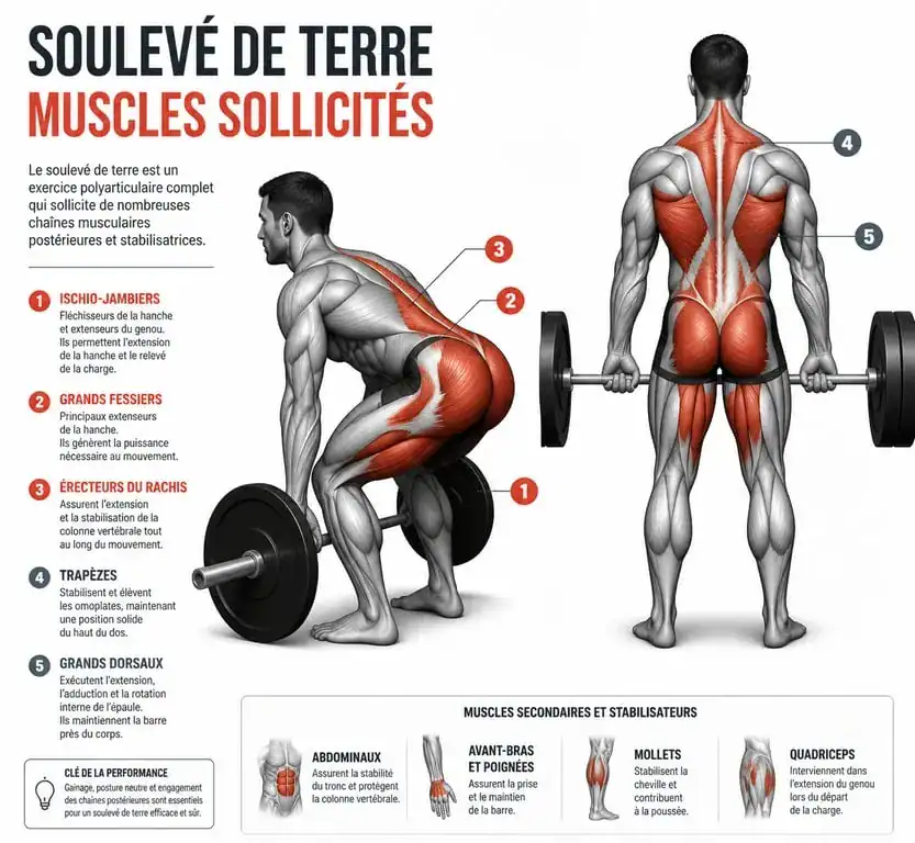 Schéma des muscles sollicités lors du soulevé de terre