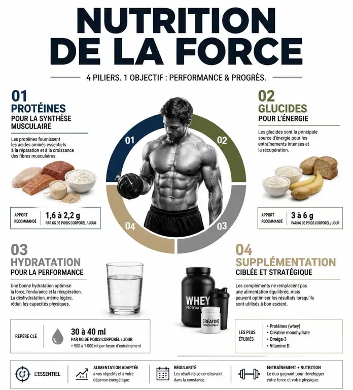 Infographie sur les piliers de la nutrition de la force pour optimiser la performance musculaire