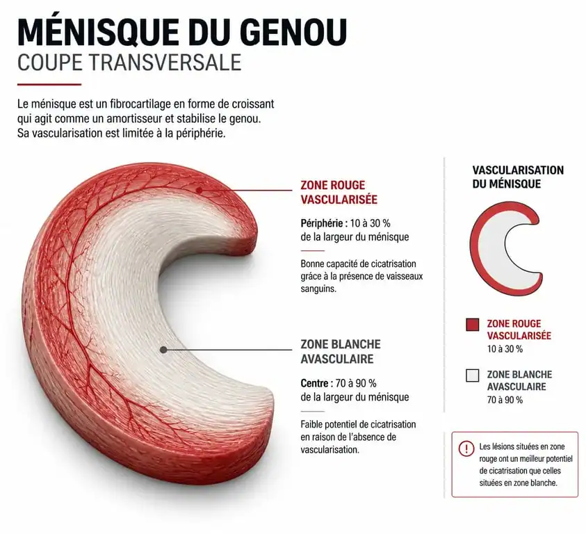 Schéma anatomique du ménisque illustrant la zone rouge vascularisée et la zone blanche pour la rééducation ménisque non opéré