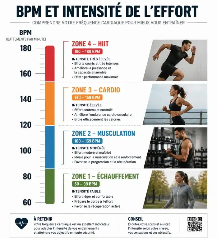 Infographie des plages de BPM recommandées pour chaque type d'activité sportive